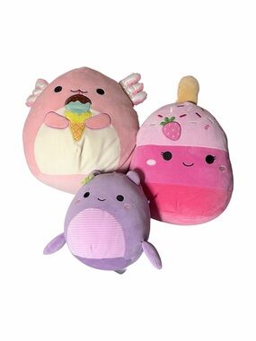 3 Squishmallows Plushie Toy Lot Soft Plush Pama Strawberry Archie the Axolotl